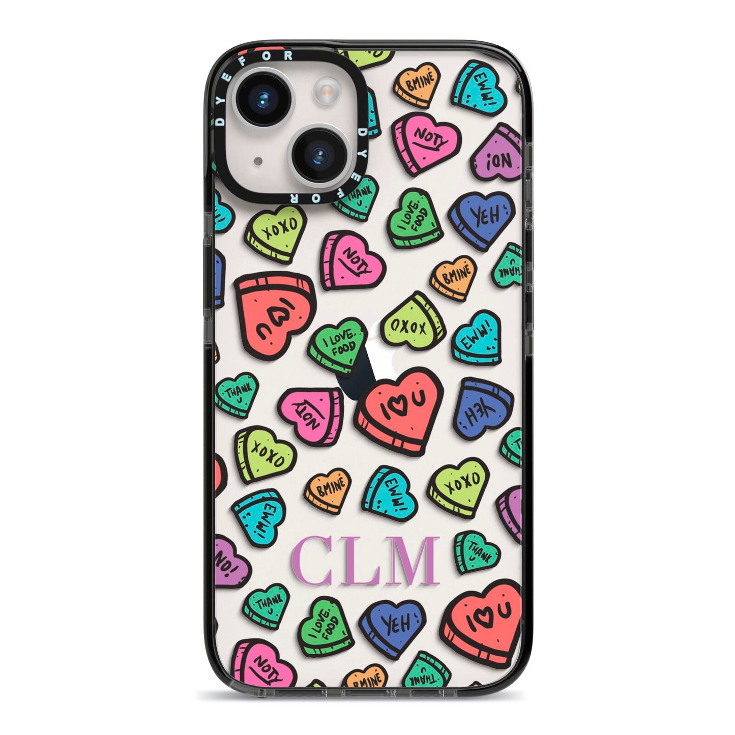 Personalised Love Hearts Initials iPhone 14 Black Impact Case on Silver phone