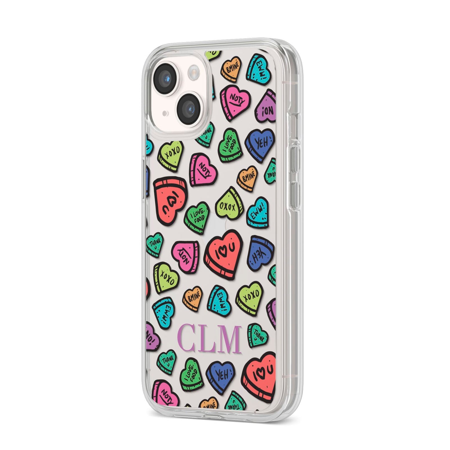 Personalised Love Hearts Initials iPhone 14 Clear Tough Case Starlight Angled Image