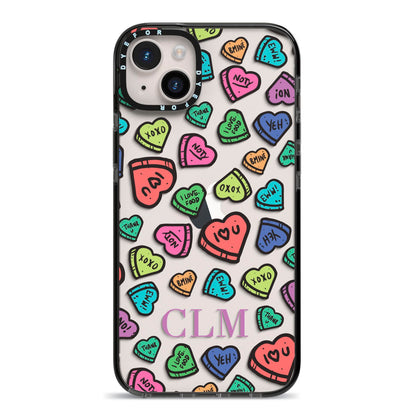 Personalised Love Hearts Initials iPhone 14 Plus Black Impact Case on Silver phone