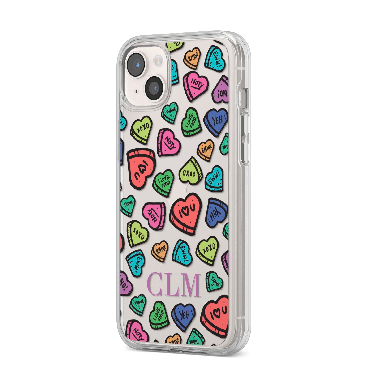 Personalised Love Hearts Initials iPhone 14 Plus Clear Tough Case Starlight Angled Image