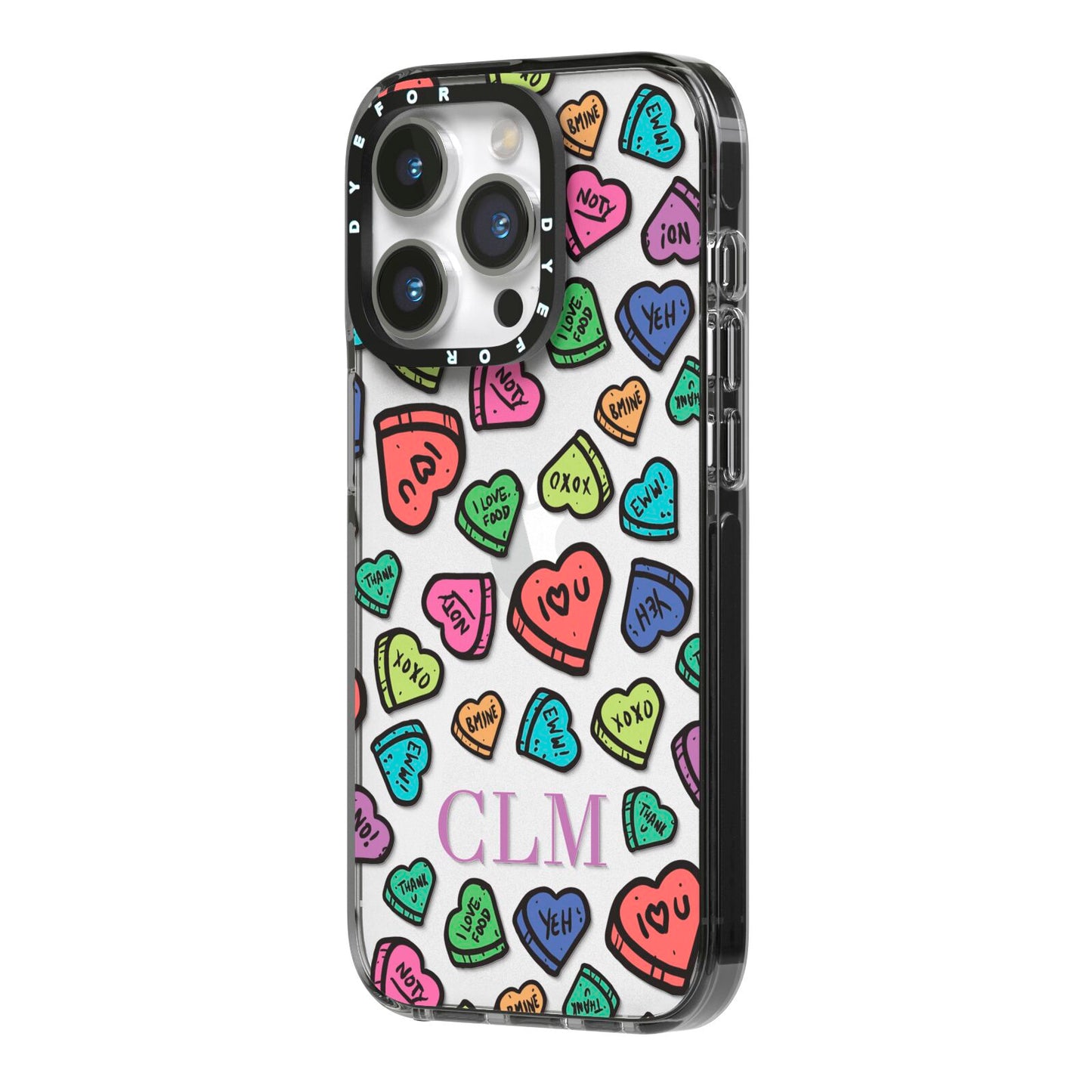 Personalised Love Hearts Initials iPhone 14 Pro Black Impact Case Side Angle on Silver phone