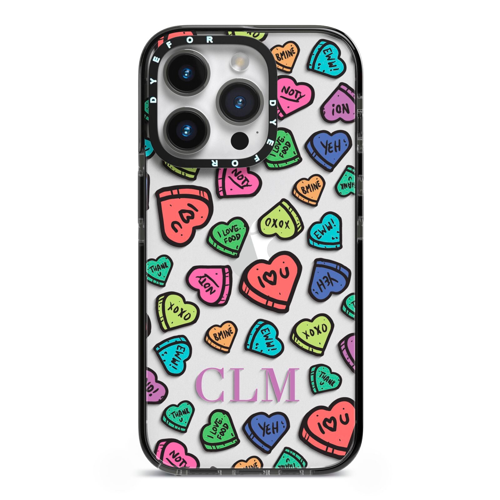 Personalised Love Hearts Initials iPhone 14 Pro Black Impact Case on Silver phone