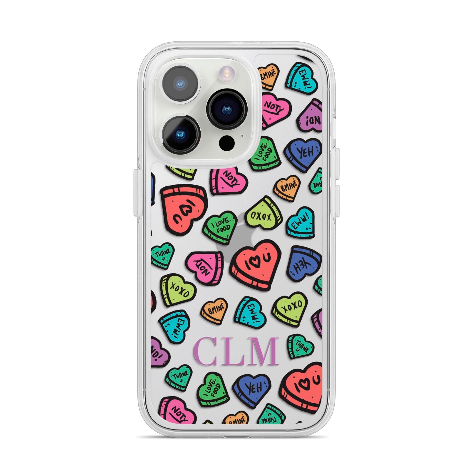 Personalised Love Hearts Initials iPhone 14 Pro Clear Tough Case Silver