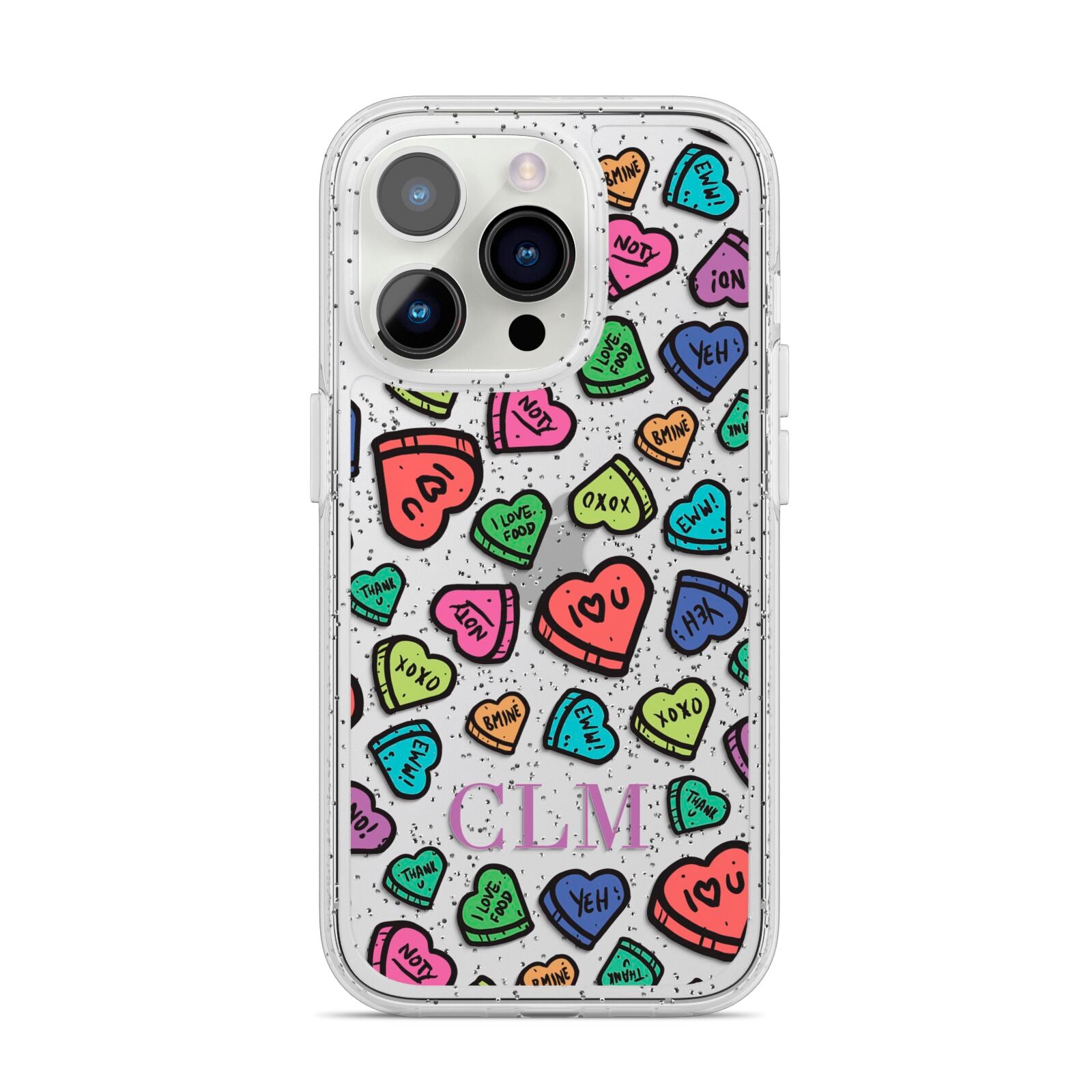 Personalised Love Hearts Initials iPhone 14 Pro Glitter Tough Case Silver
