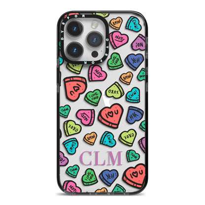 Personalised Love Hearts Initials iPhone 14 Pro Max Black Impact Case on Silver phone