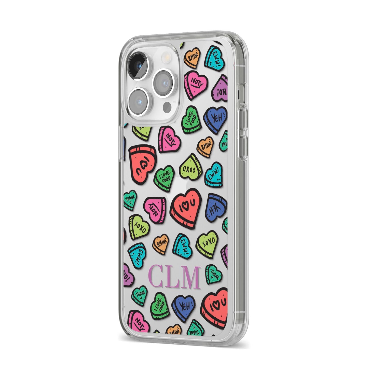 Personalised Love Hearts Initials iPhone 14 Pro Max Clear Tough Case Silver Angled Image