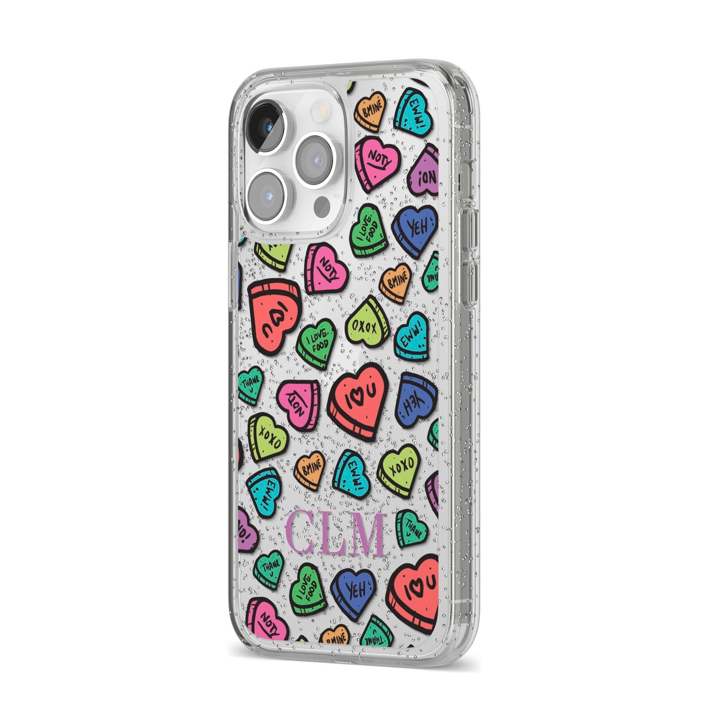 Personalised Love Hearts Initials iPhone 14 Pro Max Glitter Tough Case Silver Angled Image