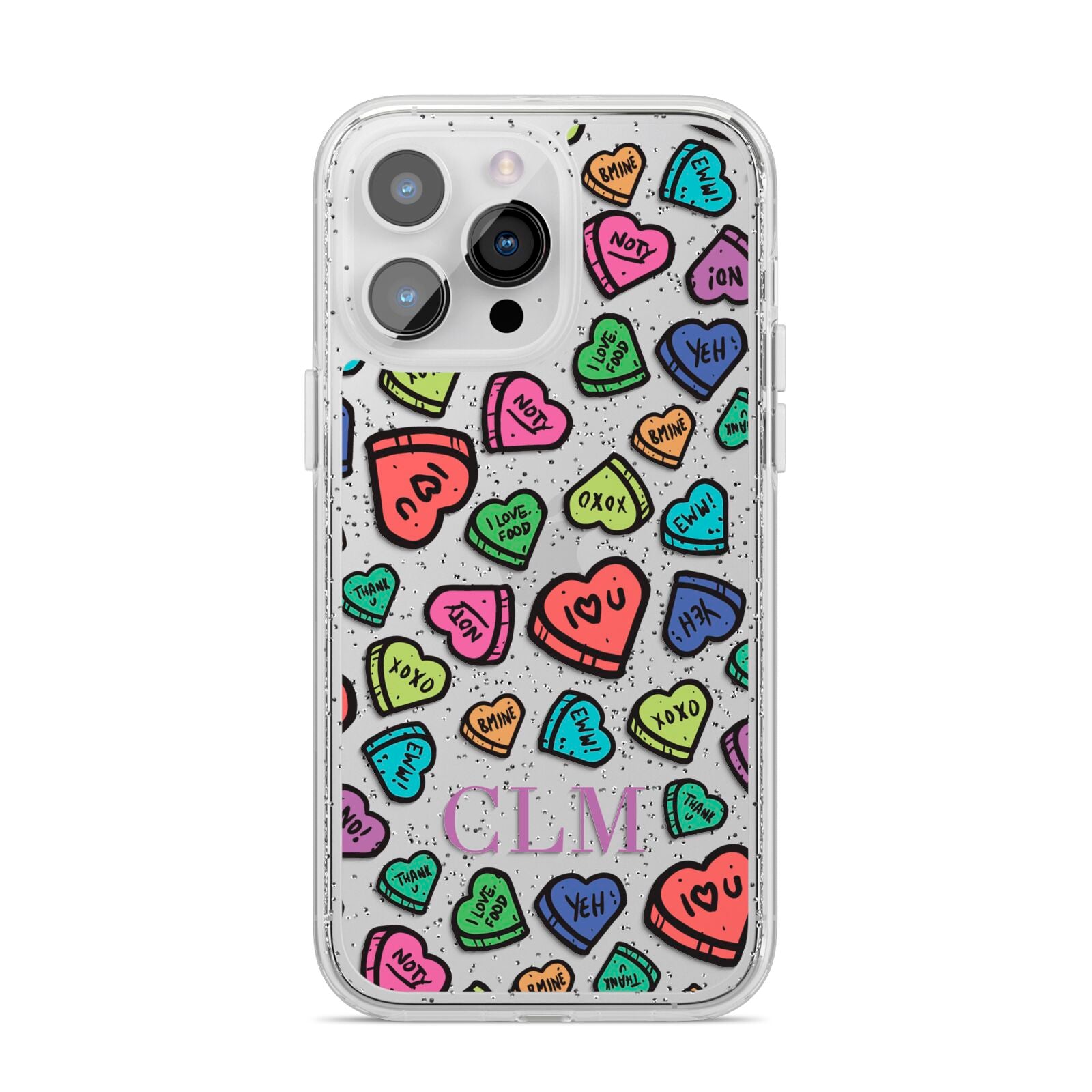 Personalised Love Hearts Initials iPhone 14 Pro Max Glitter Tough Case Silver