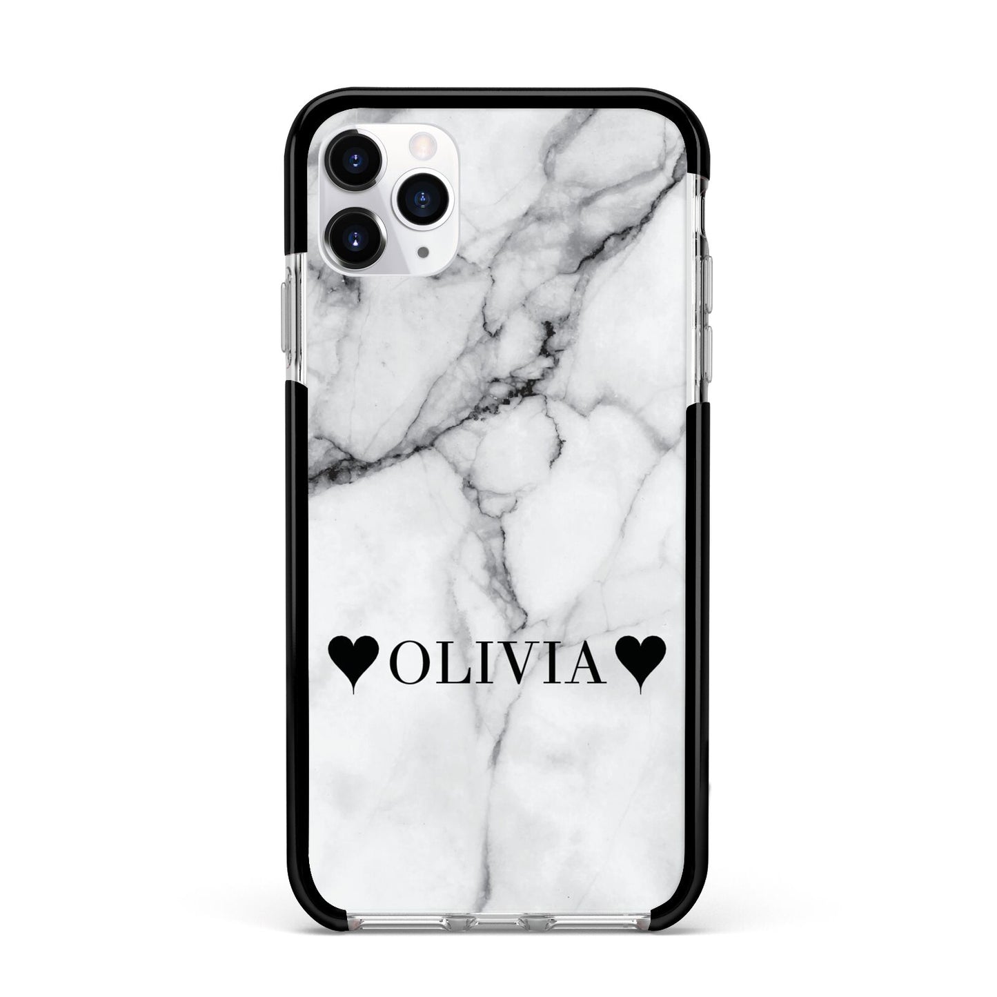 Personalised Love Hearts Marble Name Apple iPhone 11 Pro Max in Silver with Black Impact Case