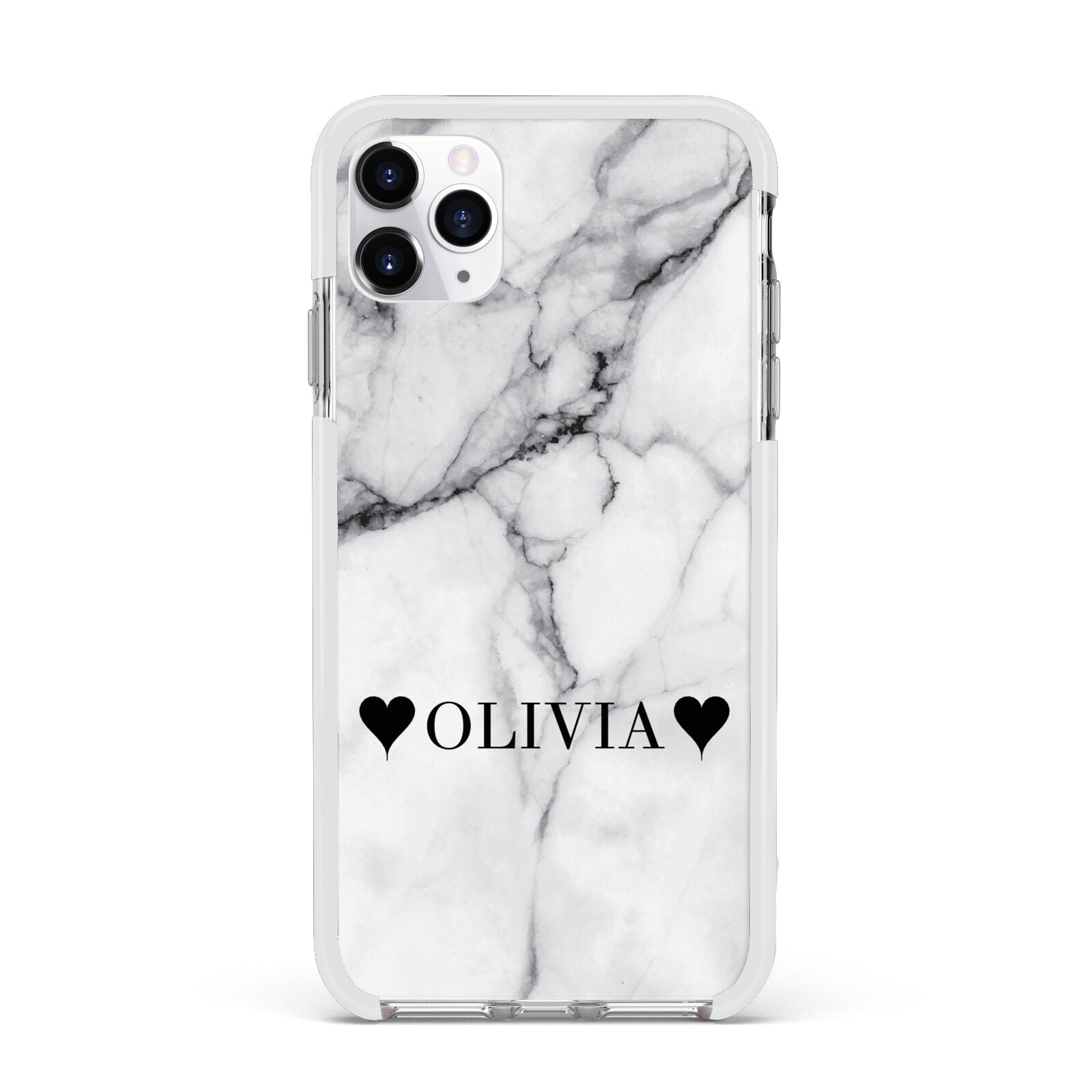 Personalised Love Hearts Marble Name Apple iPhone 11 Pro Max in Silver with White Impact Case