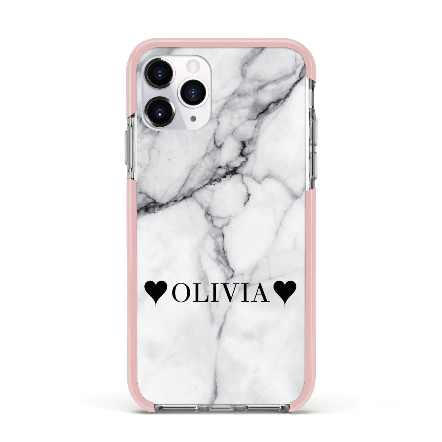 Personalised Love Hearts Marble Name Apple iPhone 11 Pro in Silver with Pink Impact Case
