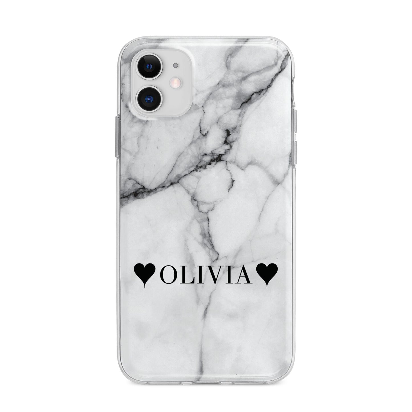 Personalised Love Hearts Marble Name Apple iPhone 11 in White with Bumper Case