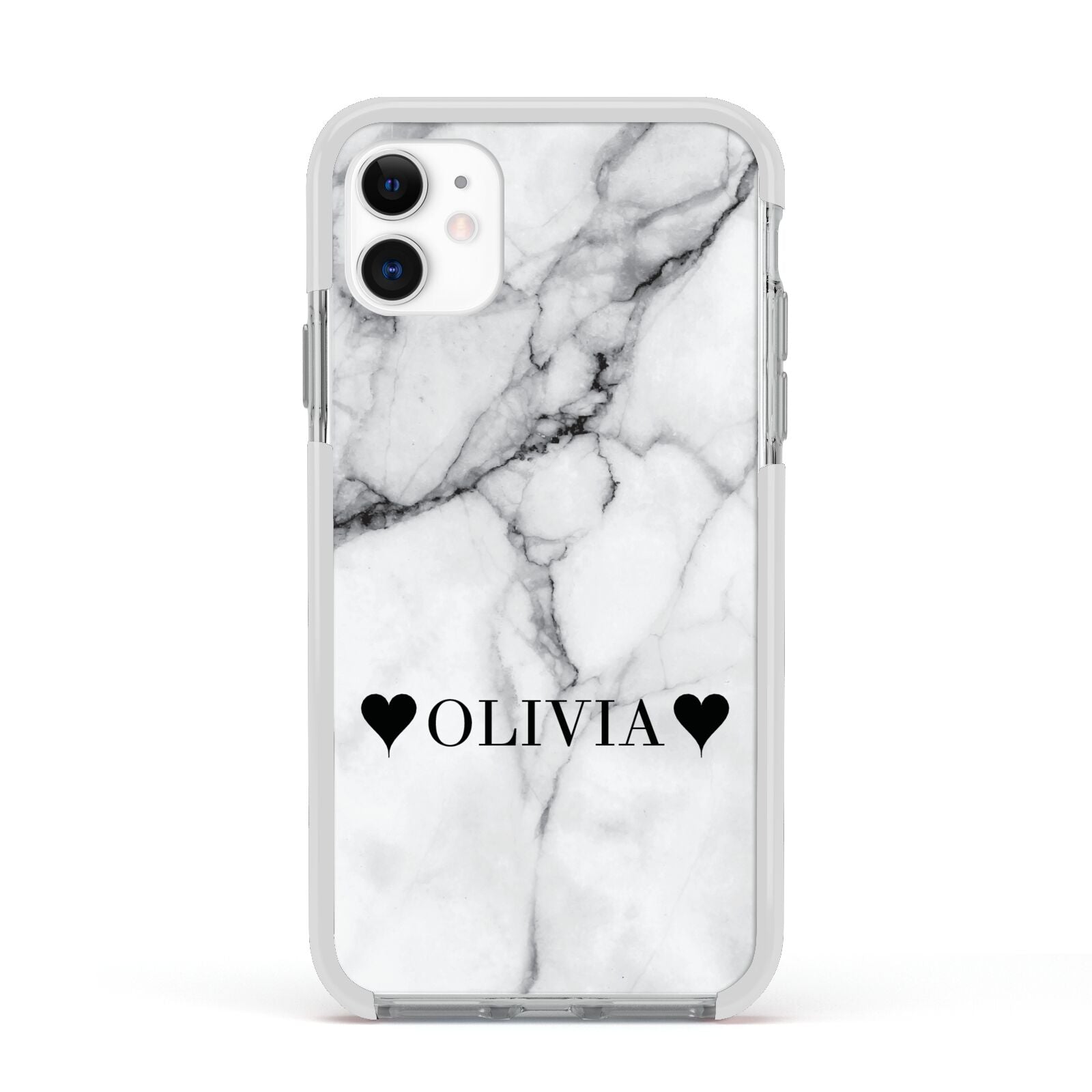Personalised Love Hearts Marble Name Apple iPhone 11 in White with White Impact Case