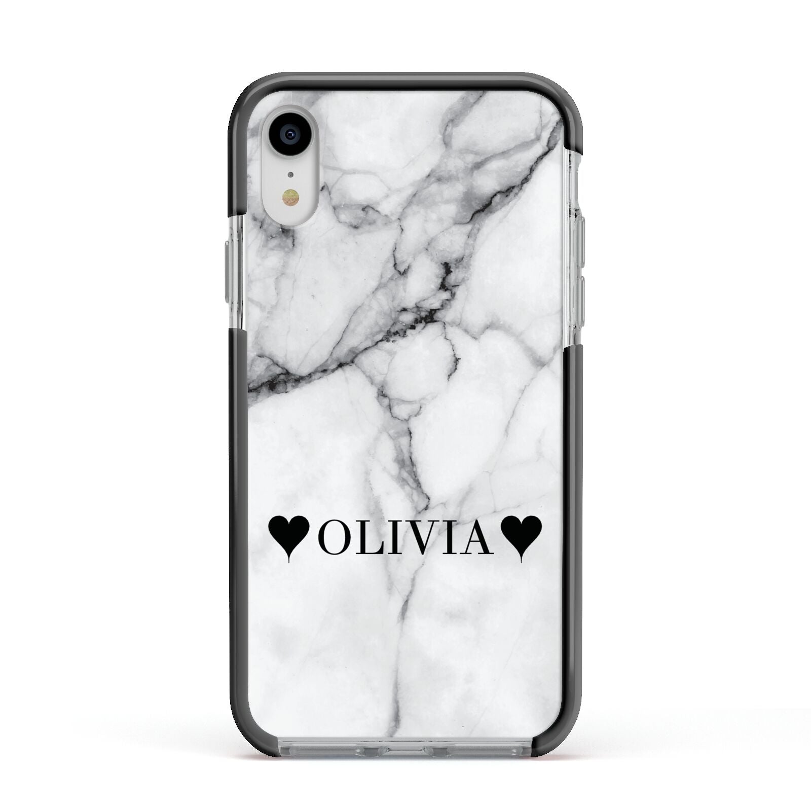 Personalised Love Hearts Marble Name Apple iPhone XR Impact Case Black Edge on Silver Phone