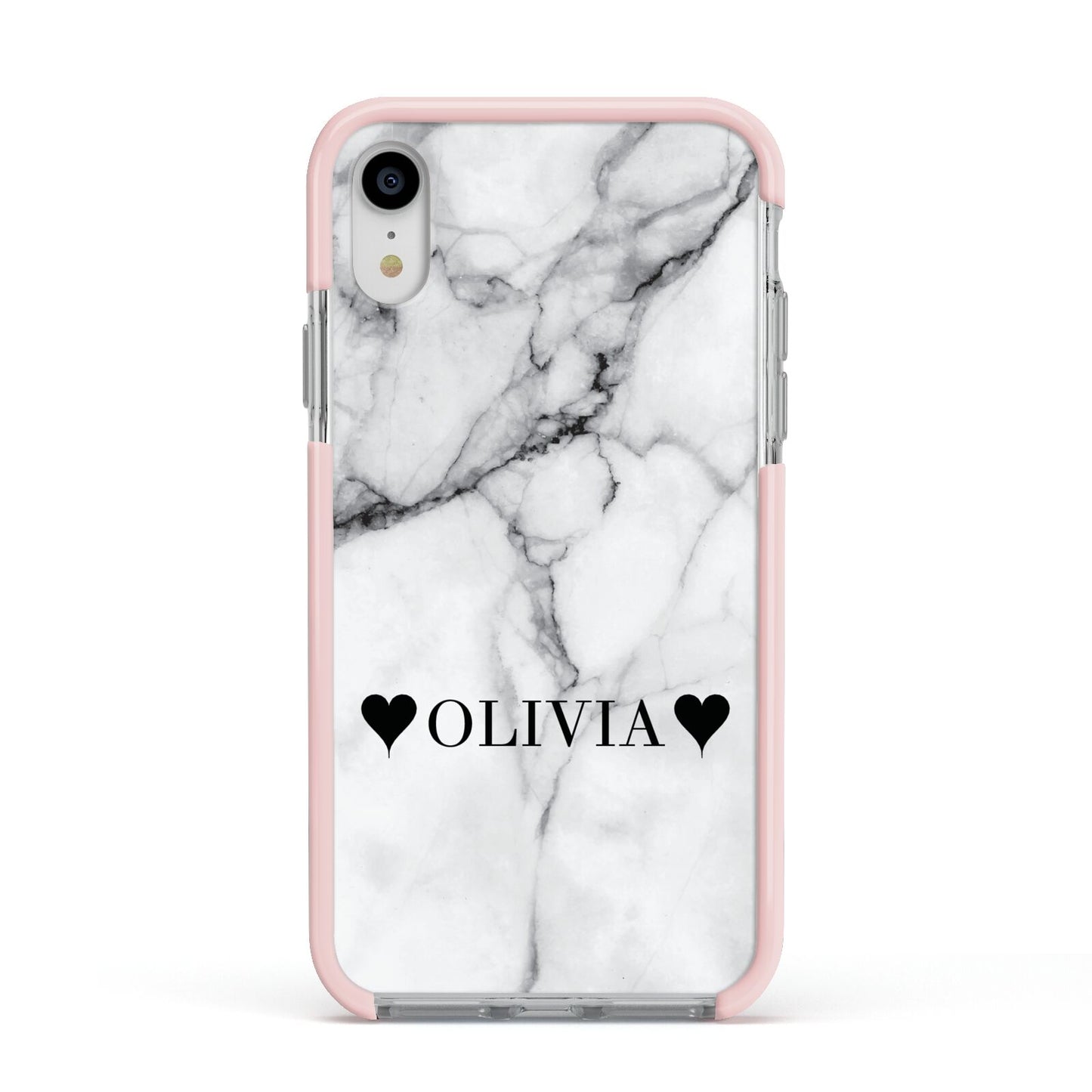 Personalised Love Hearts Marble Name Apple iPhone XR Impact Case Pink Edge on Silver Phone