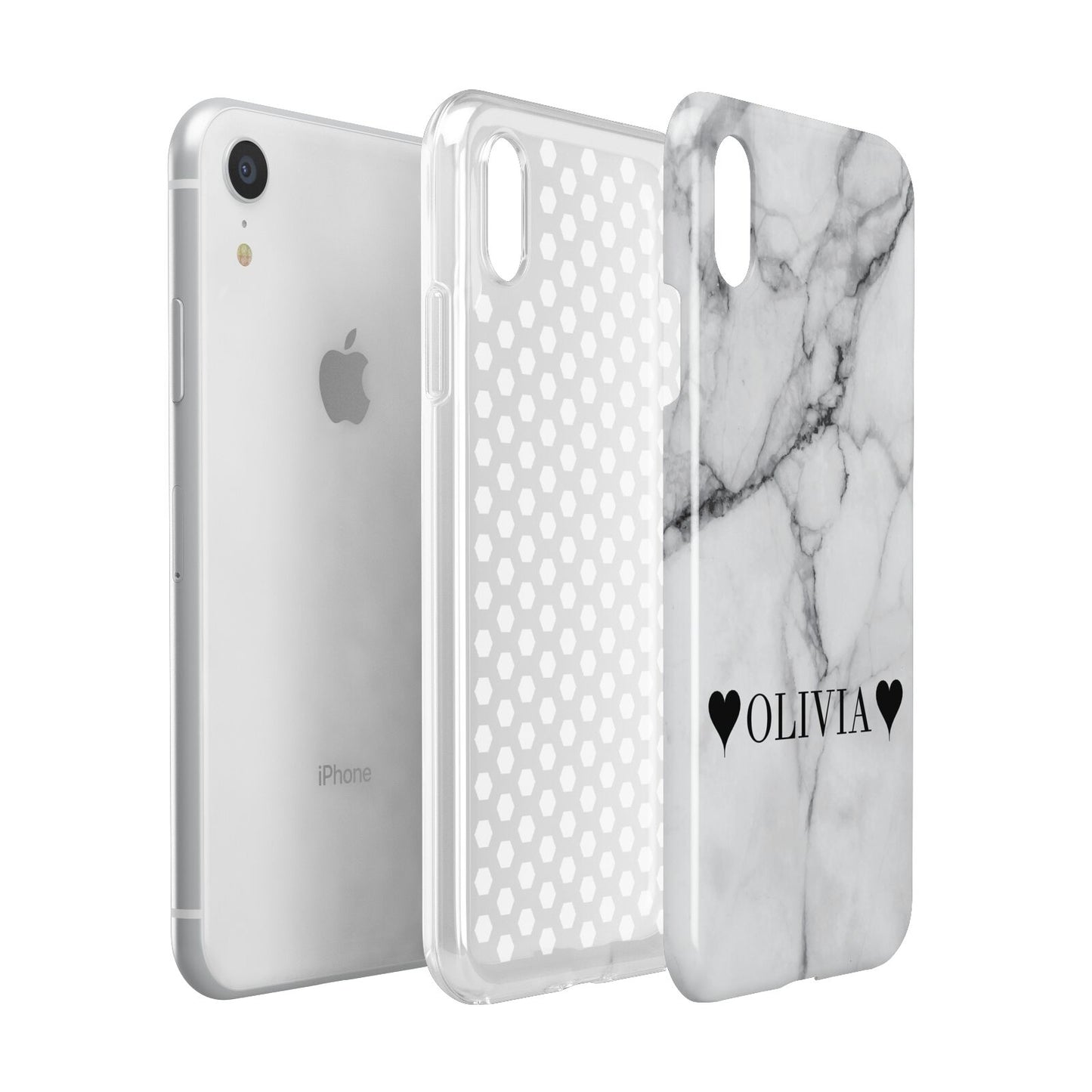 Personalised Love Hearts Marble Name Apple iPhone XR White 3D Tough Case Expanded view