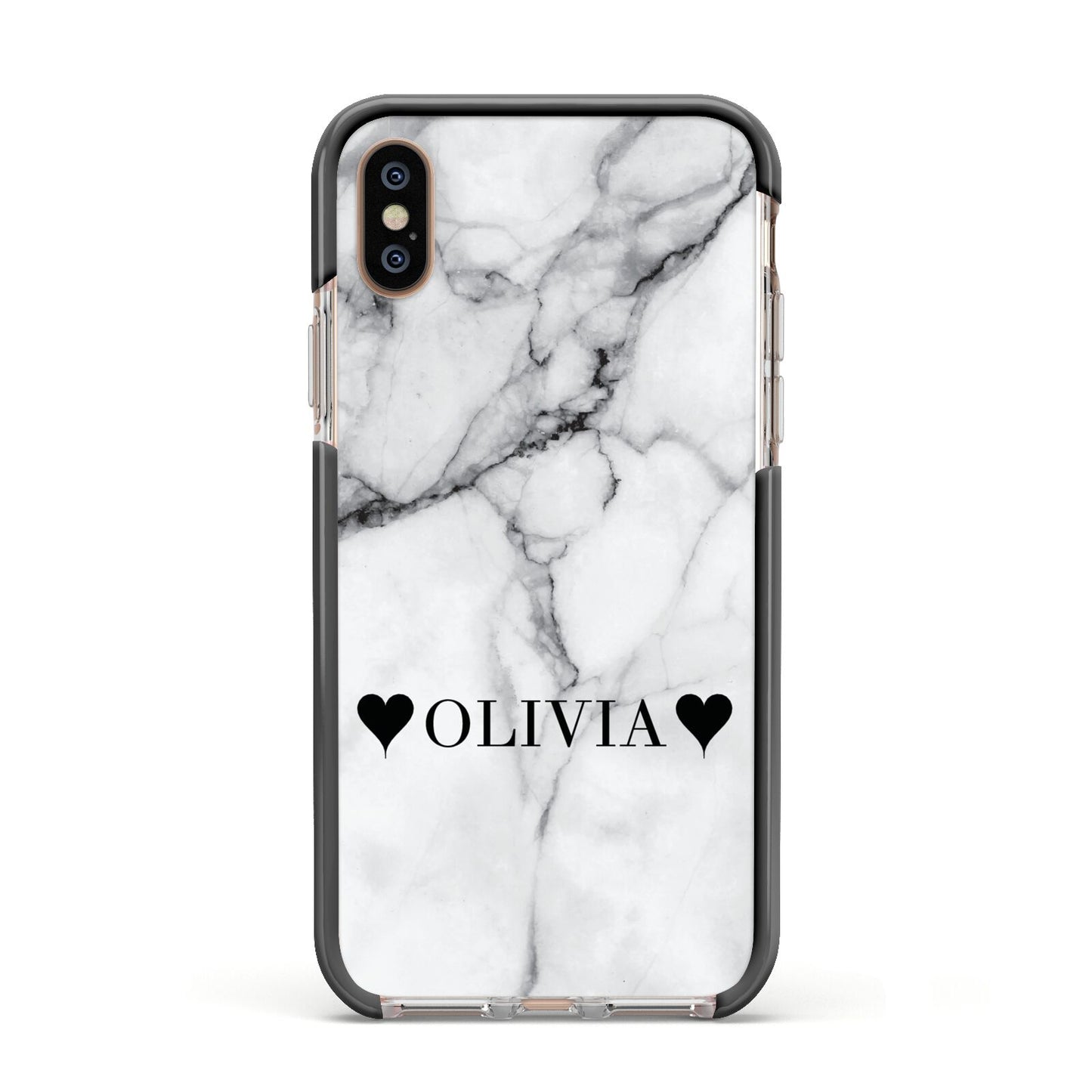 Personalised Love Hearts Marble Name Apple iPhone Xs Impact Case Black Edge on Gold Phone