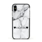 Personalised Love Hearts Marble Name Apple iPhone Xs Impact Case Black Edge on Silver Phone