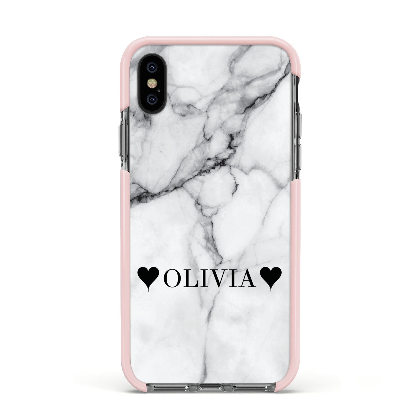 Personalised Love Hearts Marble Name Apple iPhone Xs Impact Case Pink Edge on Black Phone