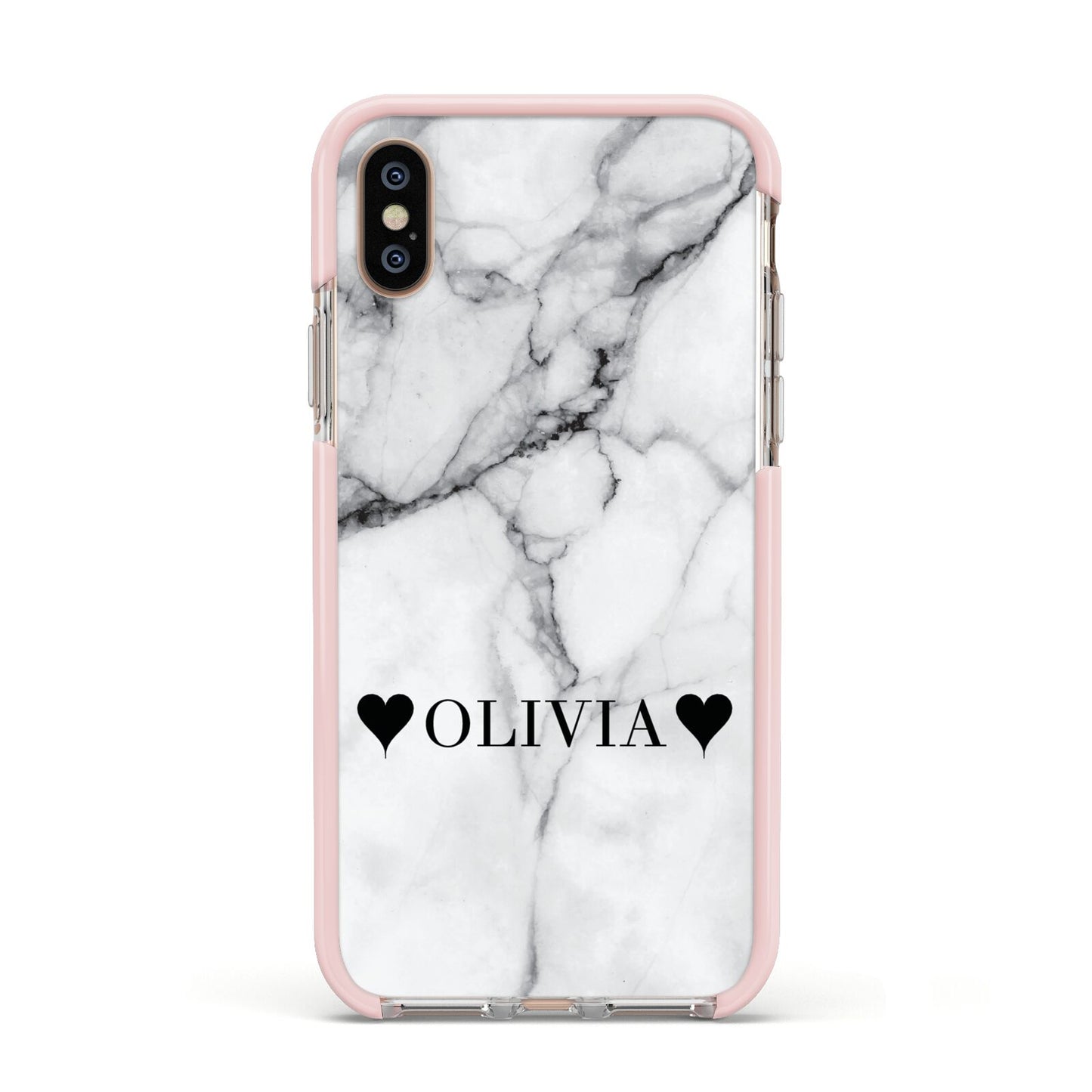 Personalised Love Hearts Marble Name Apple iPhone Xs Impact Case Pink Edge on Gold Phone
