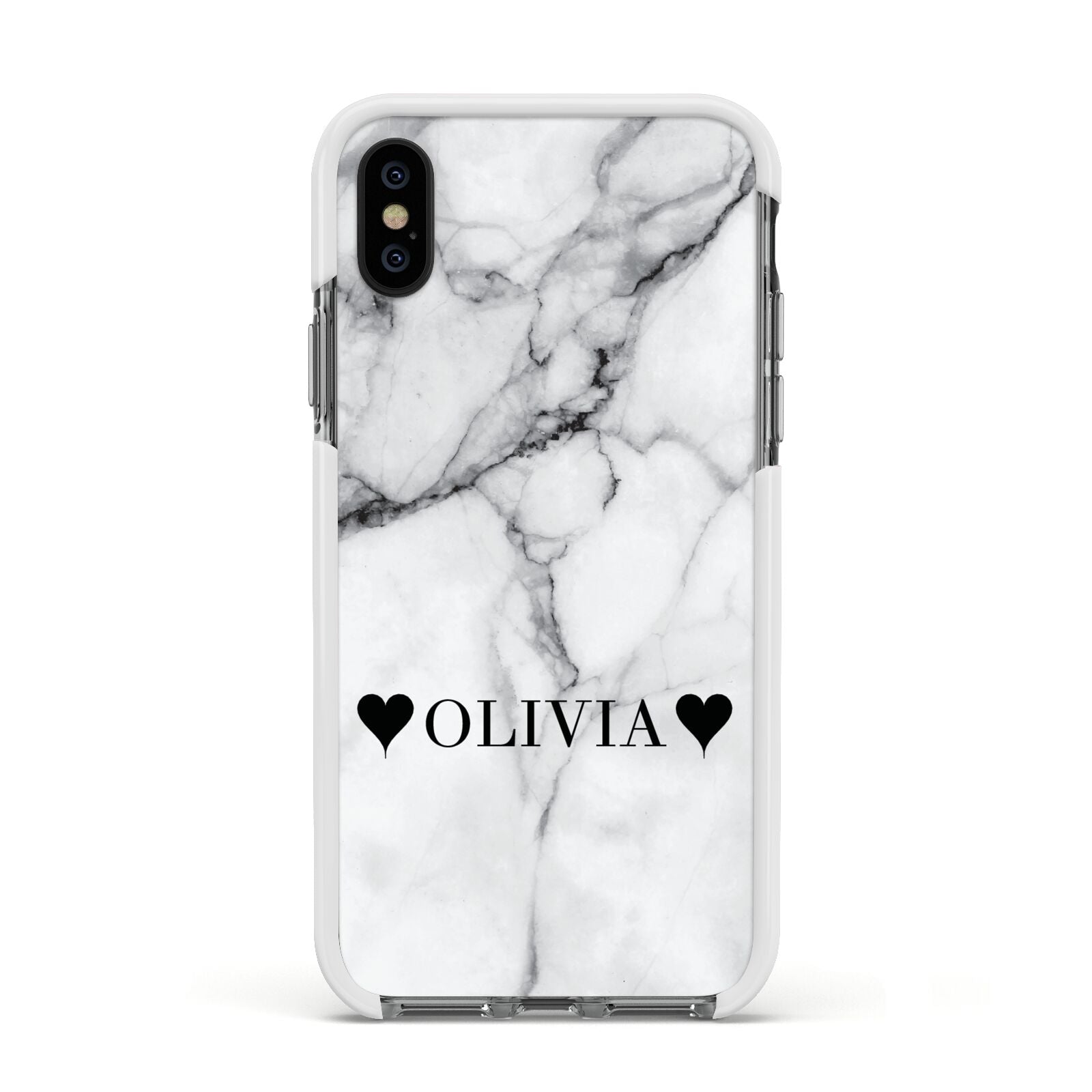 Personalised Love Hearts Marble Name Apple iPhone Xs Impact Case White Edge on Black Phone