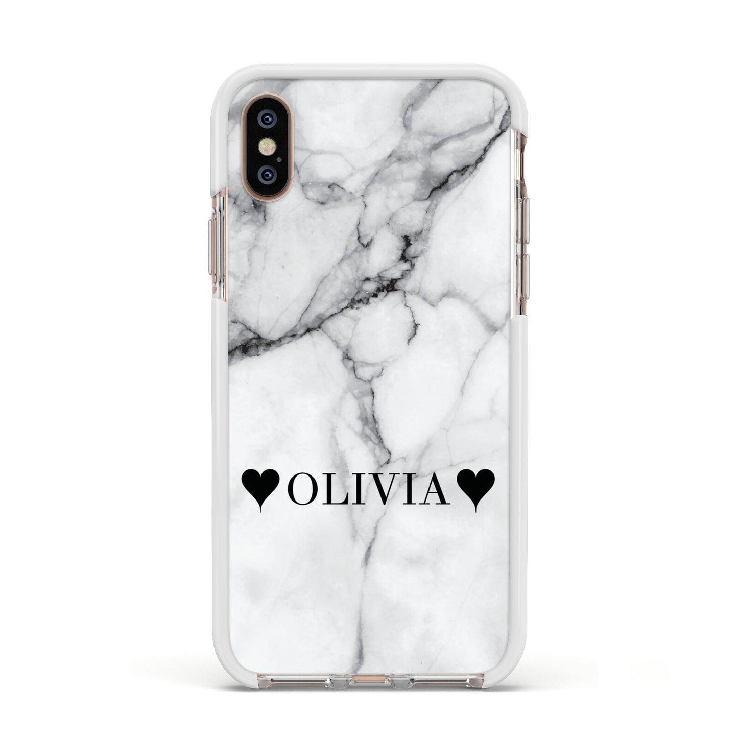 Personalised Love Hearts Marble Name Apple iPhone Xs Impact Case White Edge on Gold Phone