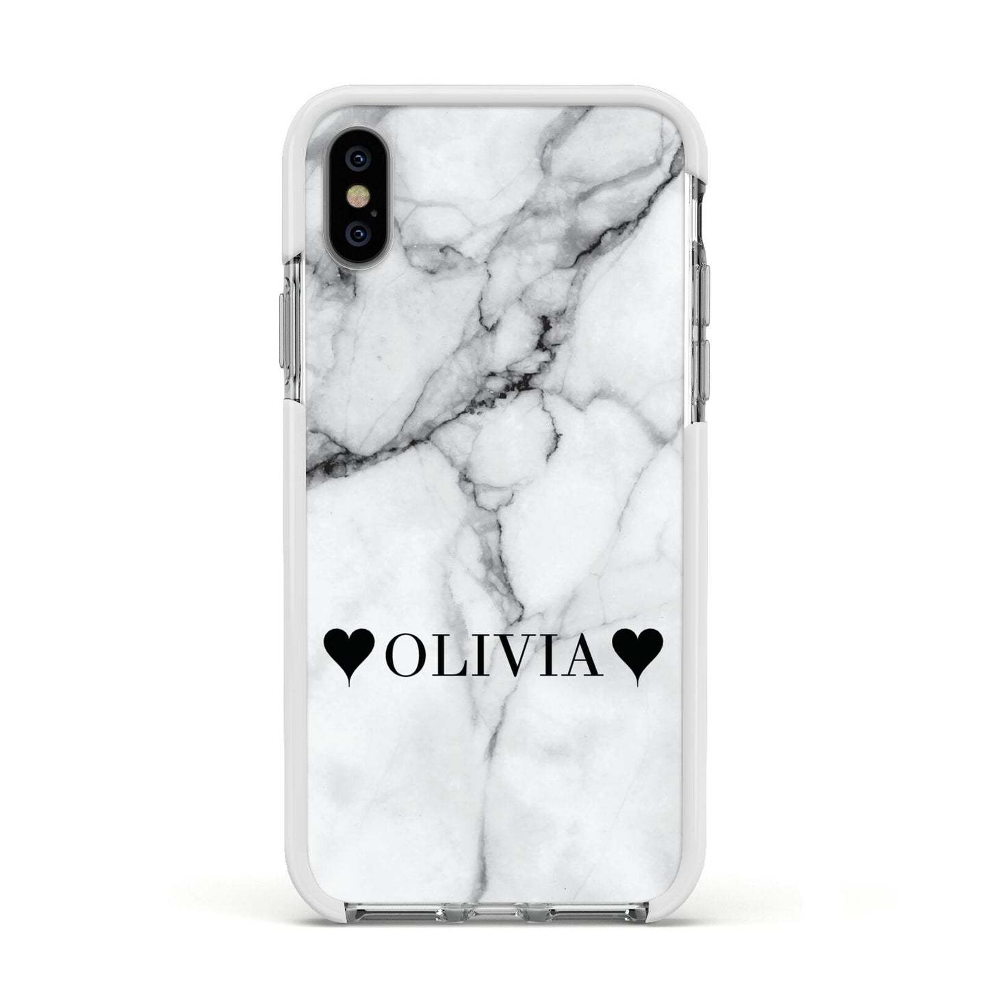 Personalised Love Hearts Marble Name Apple iPhone Xs Impact Case White Edge on Silver Phone