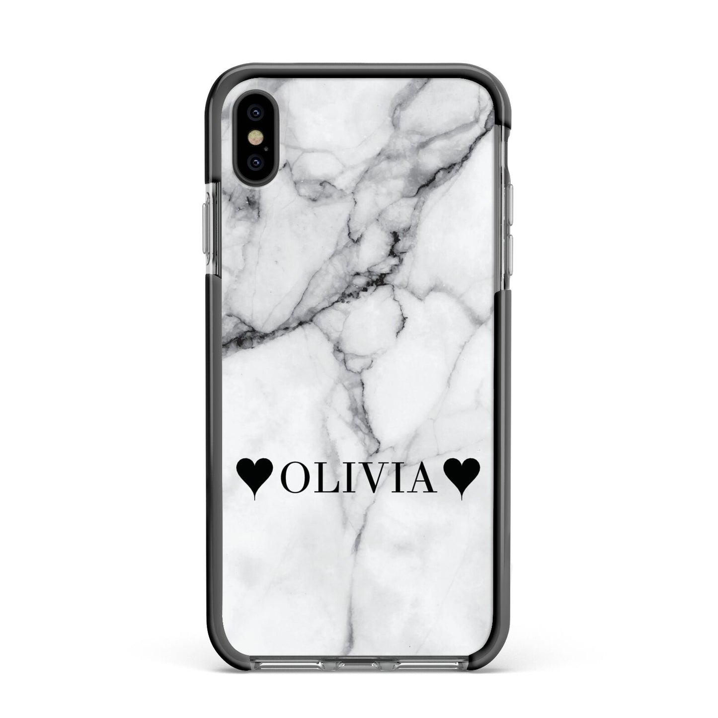 Personalised Love Hearts Marble Name Apple iPhone Xs Max Impact Case Black Edge on Black Phone