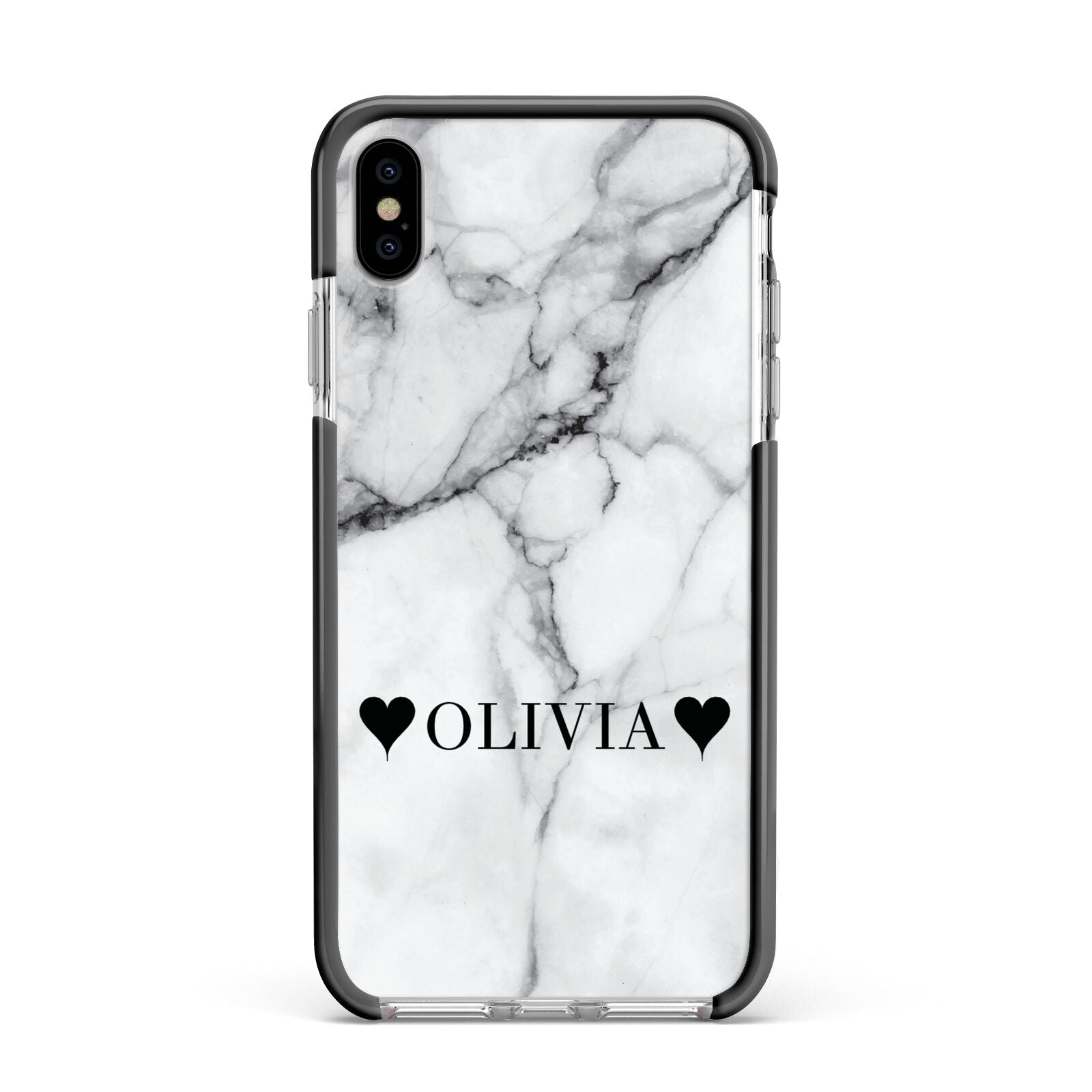 Personalised Love Hearts Marble Name Apple iPhone Xs Max Impact Case Black Edge on Silver Phone