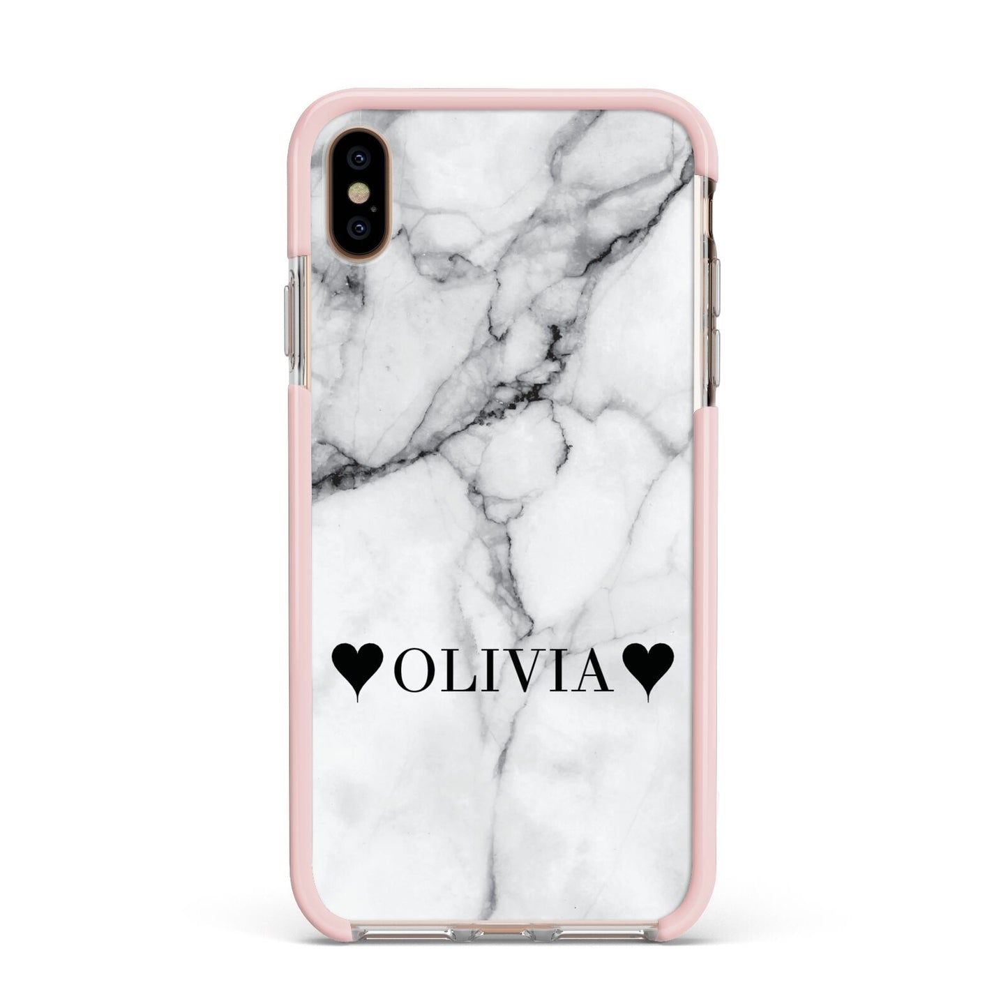 Personalised Love Hearts Marble Name Apple iPhone Xs Max Impact Case Pink Edge on Gold Phone