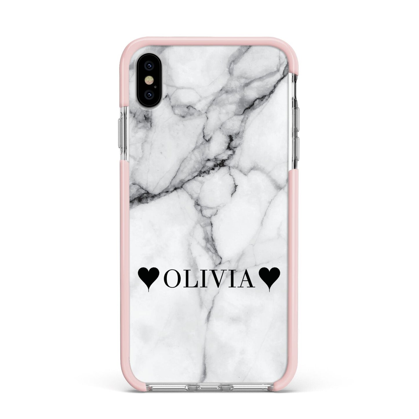 Personalised Love Hearts Marble Name Apple iPhone Xs Max Impact Case Pink Edge on Silver Phone