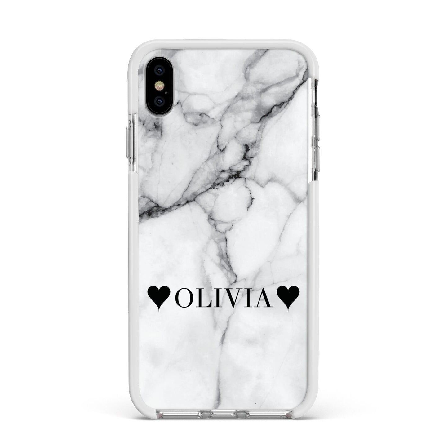 Personalised Love Hearts Marble Name Apple iPhone Xs Max Impact Case White Edge on Silver Phone