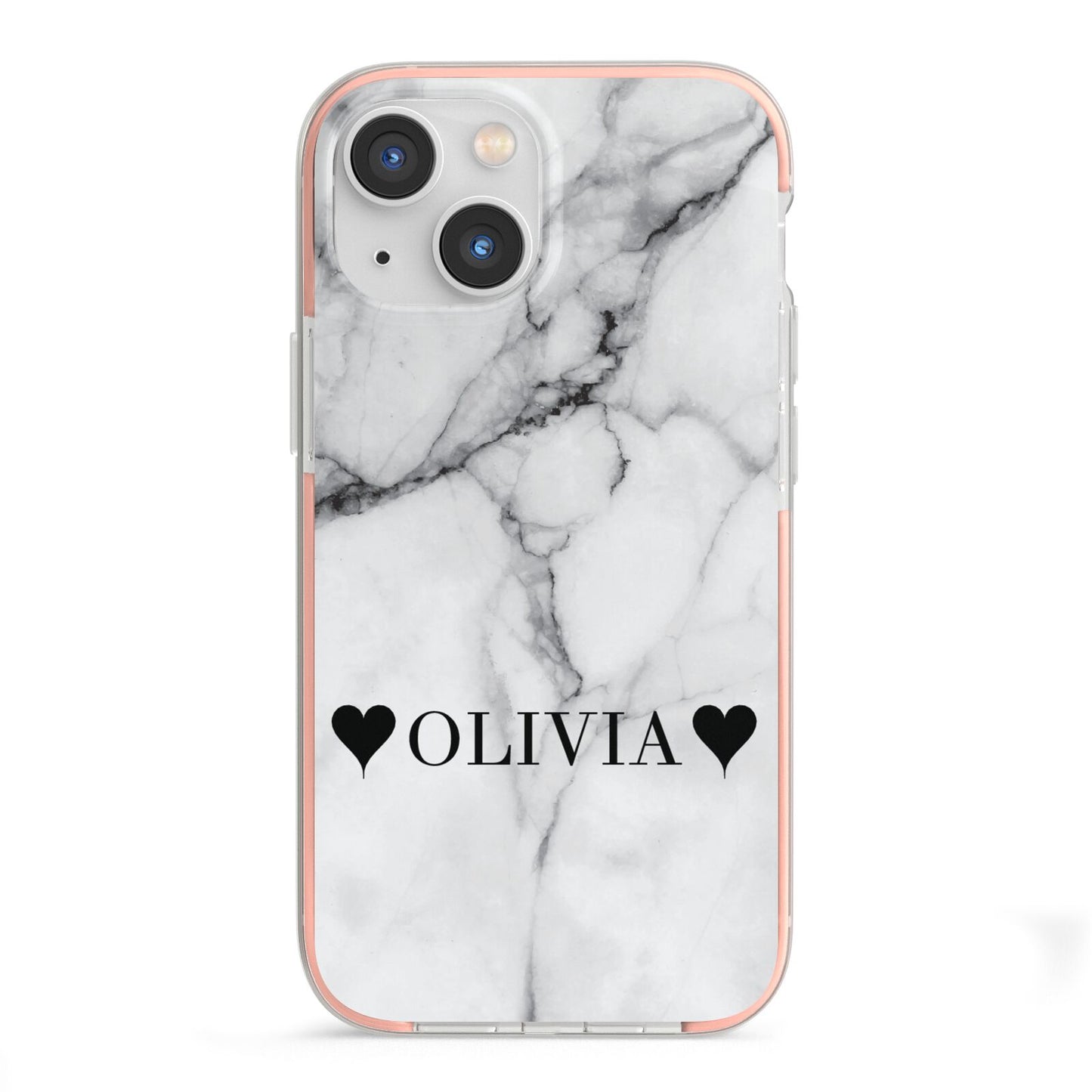 Personalised Love Hearts Marble Name iPhone 13 Mini TPU Impact Case with Pink Edges