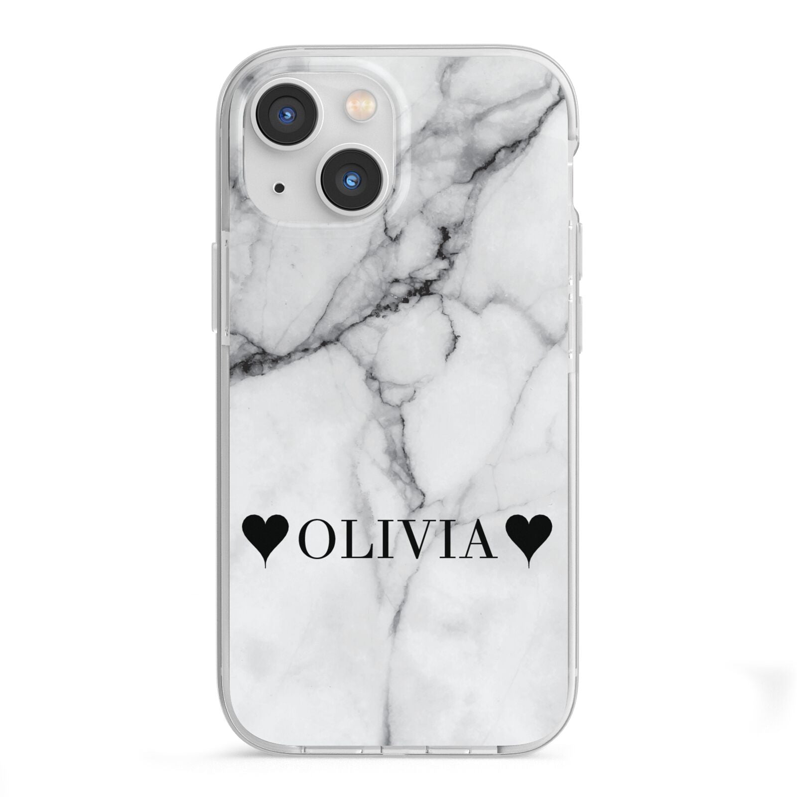 Personalised Love Hearts Marble Name iPhone 13 Mini TPU Impact Case with White Edges
