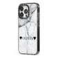 Personalised Love Hearts Marble Name iPhone 13 Pro Black Impact Case Side Angle on Silver phone