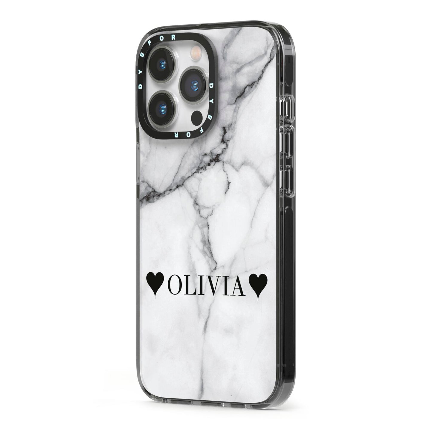 Personalised Love Hearts Marble Name iPhone 13 Pro Black Impact Case Side Angle on Silver phone