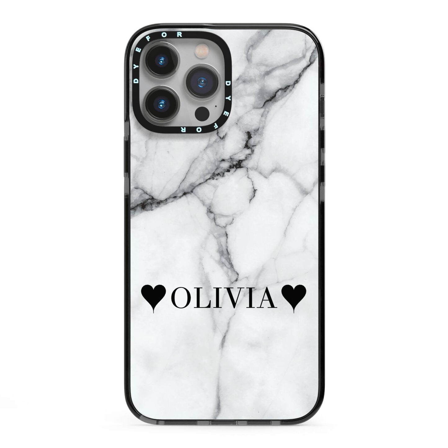Personalised Love Hearts Marble Name iPhone 13 Pro Max Black Impact Case on Silver phone