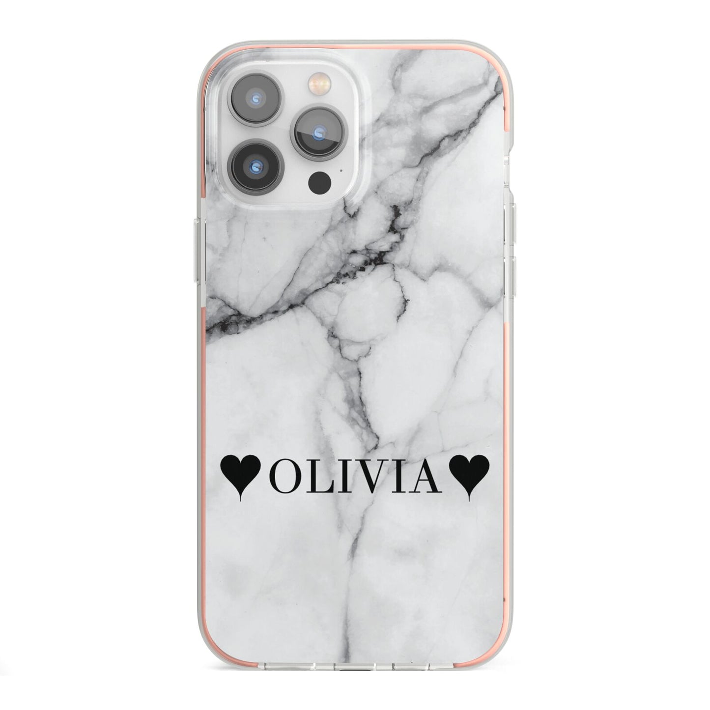 Personalised Love Hearts Marble Name iPhone 13 Pro Max TPU Impact Case with Pink Edges