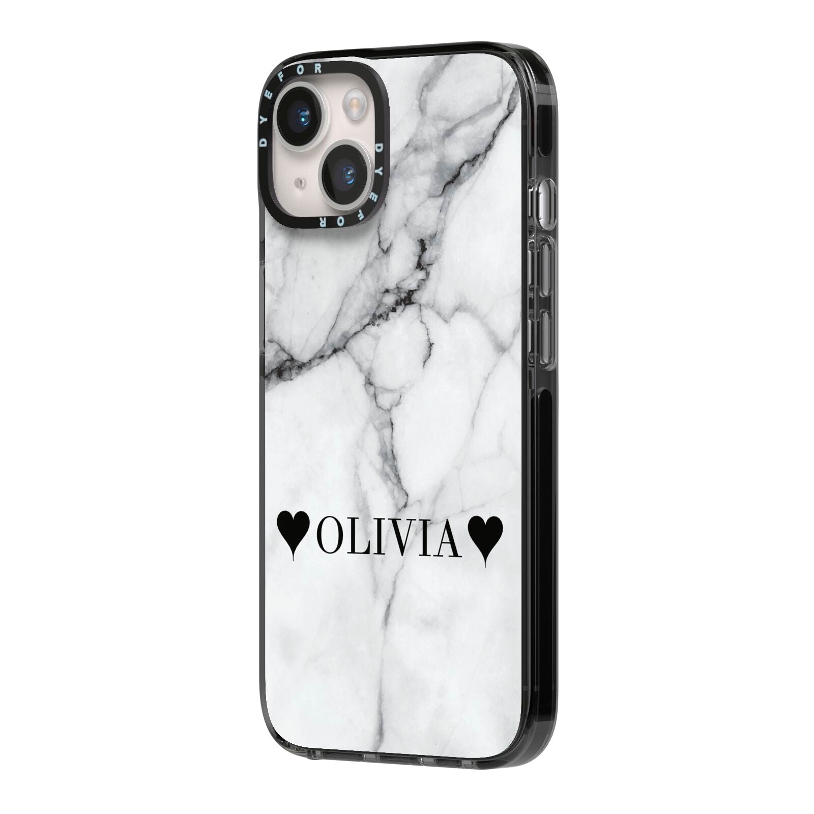 Personalised Love Hearts Marble Name iPhone 14 Black Impact Case Side Angle on Silver phone