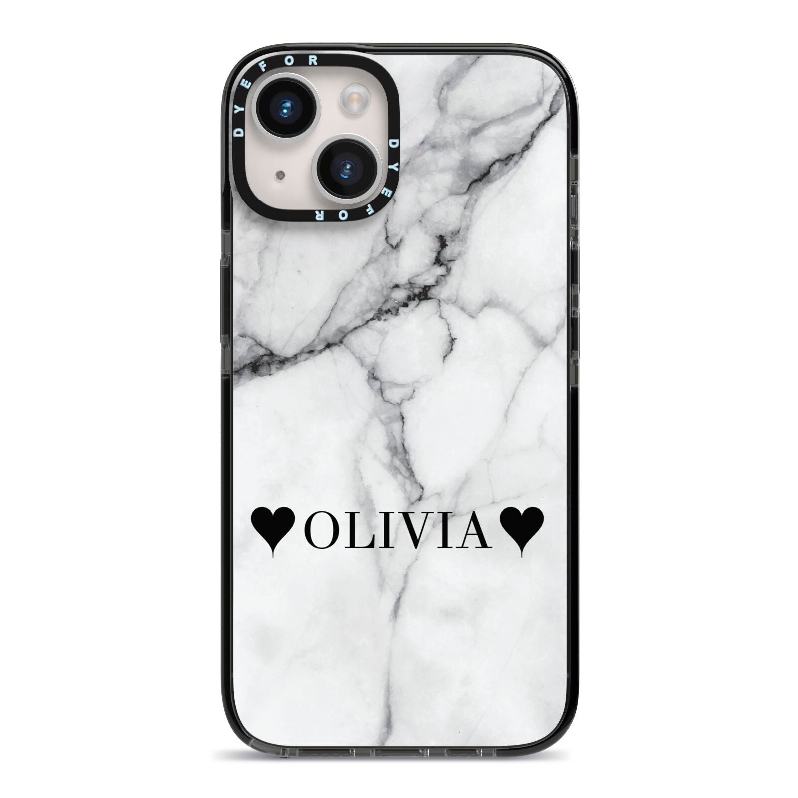 Personalised Love Hearts Marble Name iPhone 14 Black Impact Case on Silver phone