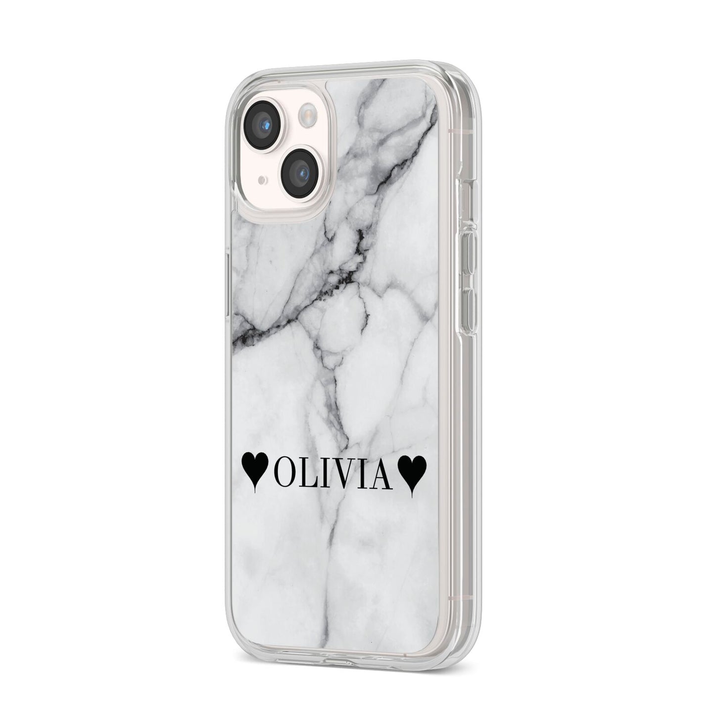 Personalised Love Hearts Marble Name iPhone 14 Clear Tough Case Starlight Angled Image