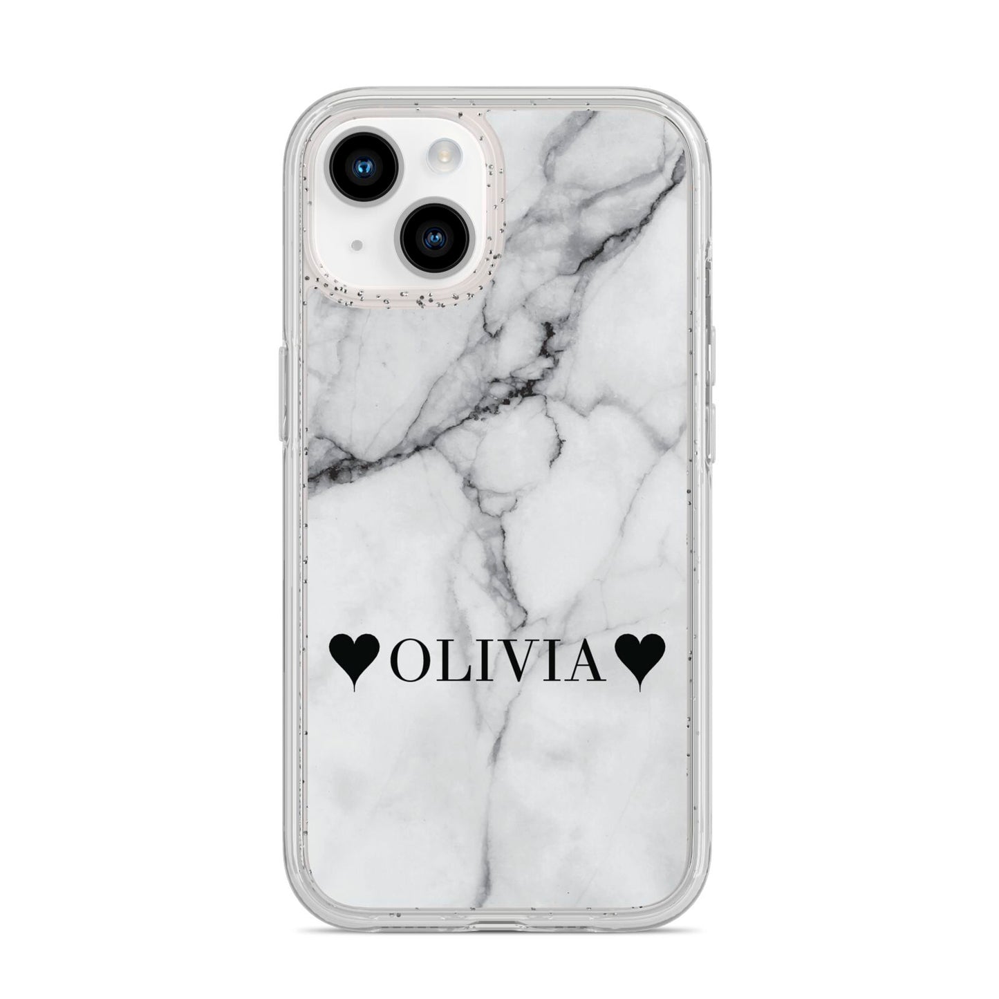 Personalised Love Hearts Marble Name iPhone 14 Glitter Tough Case Starlight
