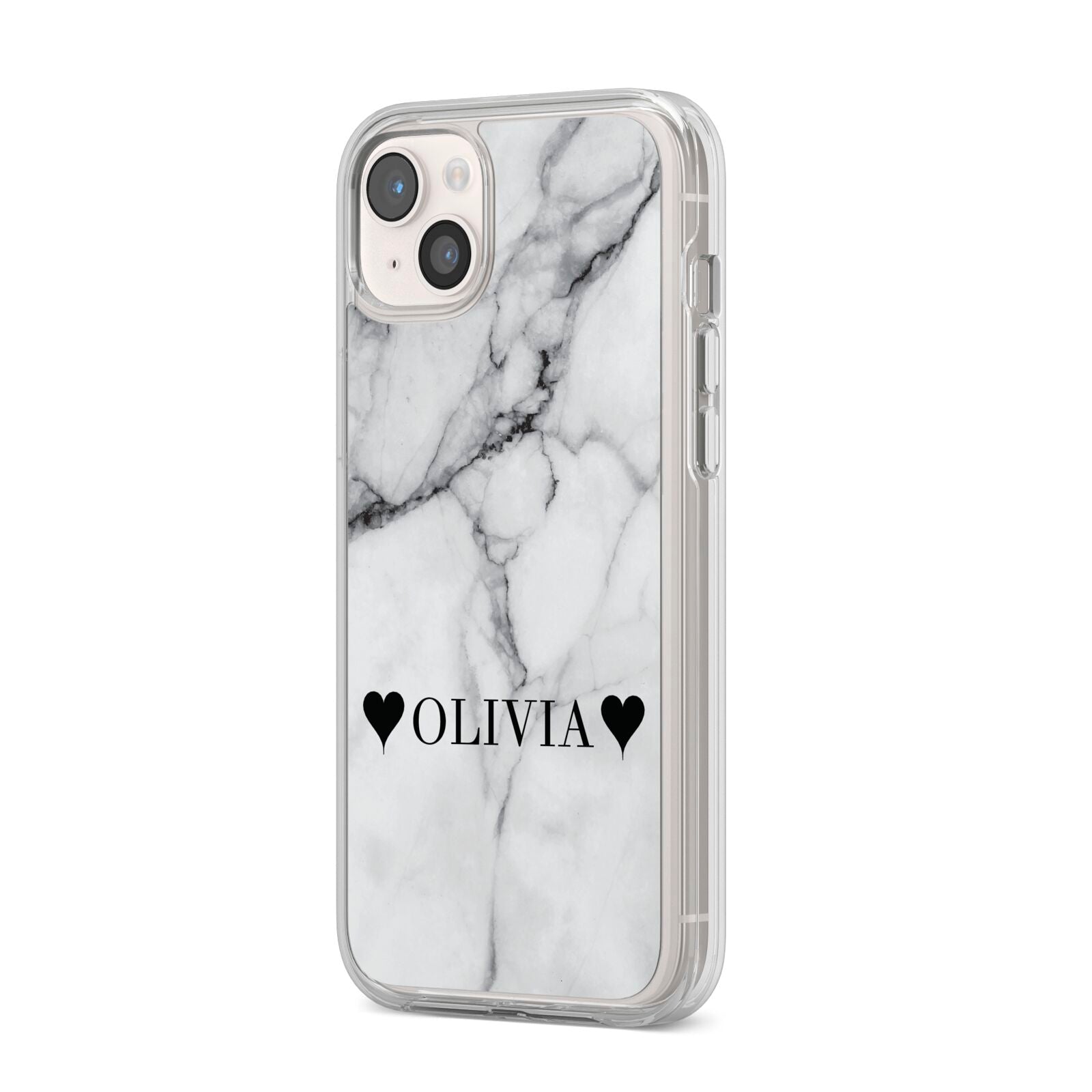 Personalised Love Hearts Marble Name iPhone 14 Plus Clear Tough Case Starlight Angled Image
