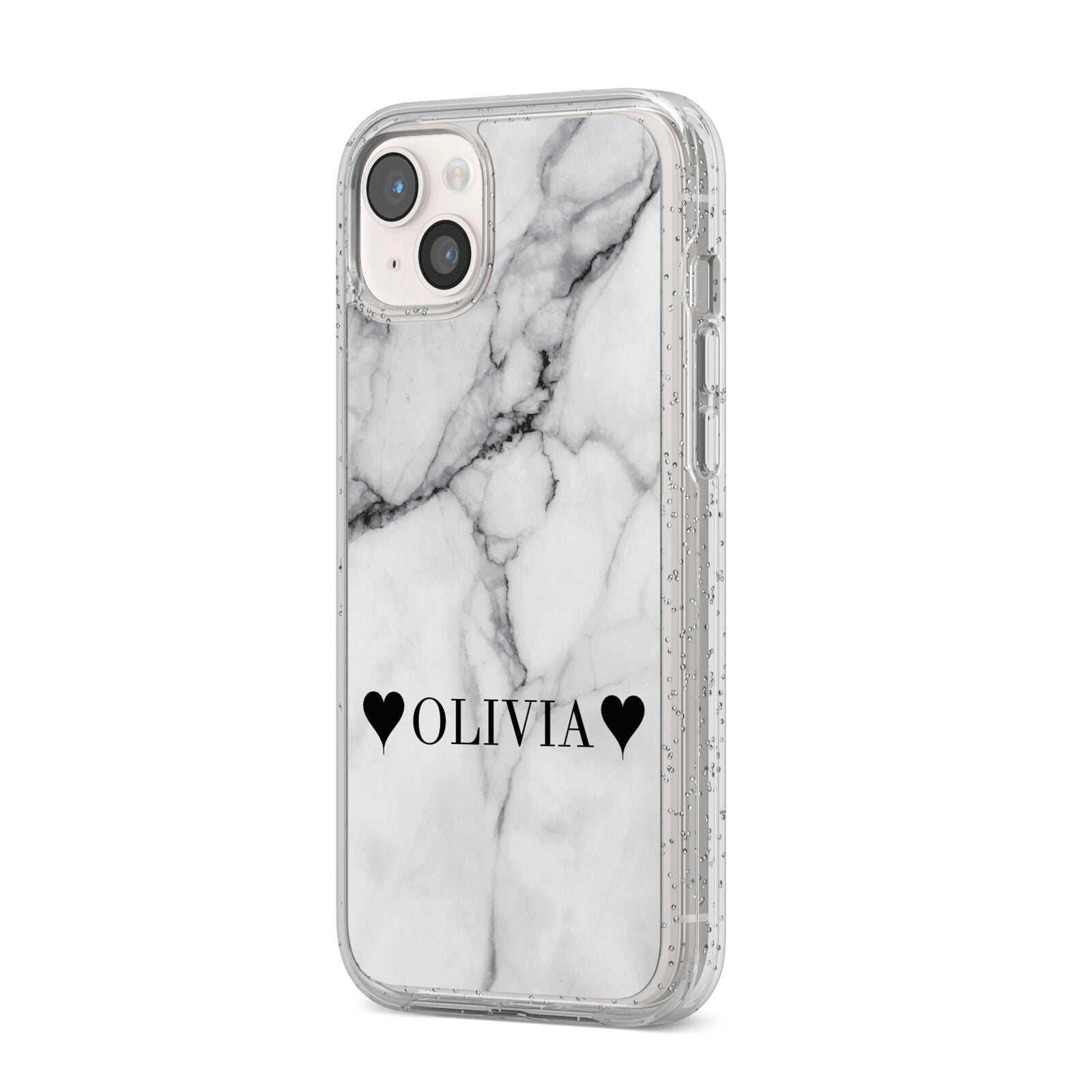 Personalised Love Hearts Marble Name iPhone 14 Plus Glitter Tough Case Starlight Angled Image