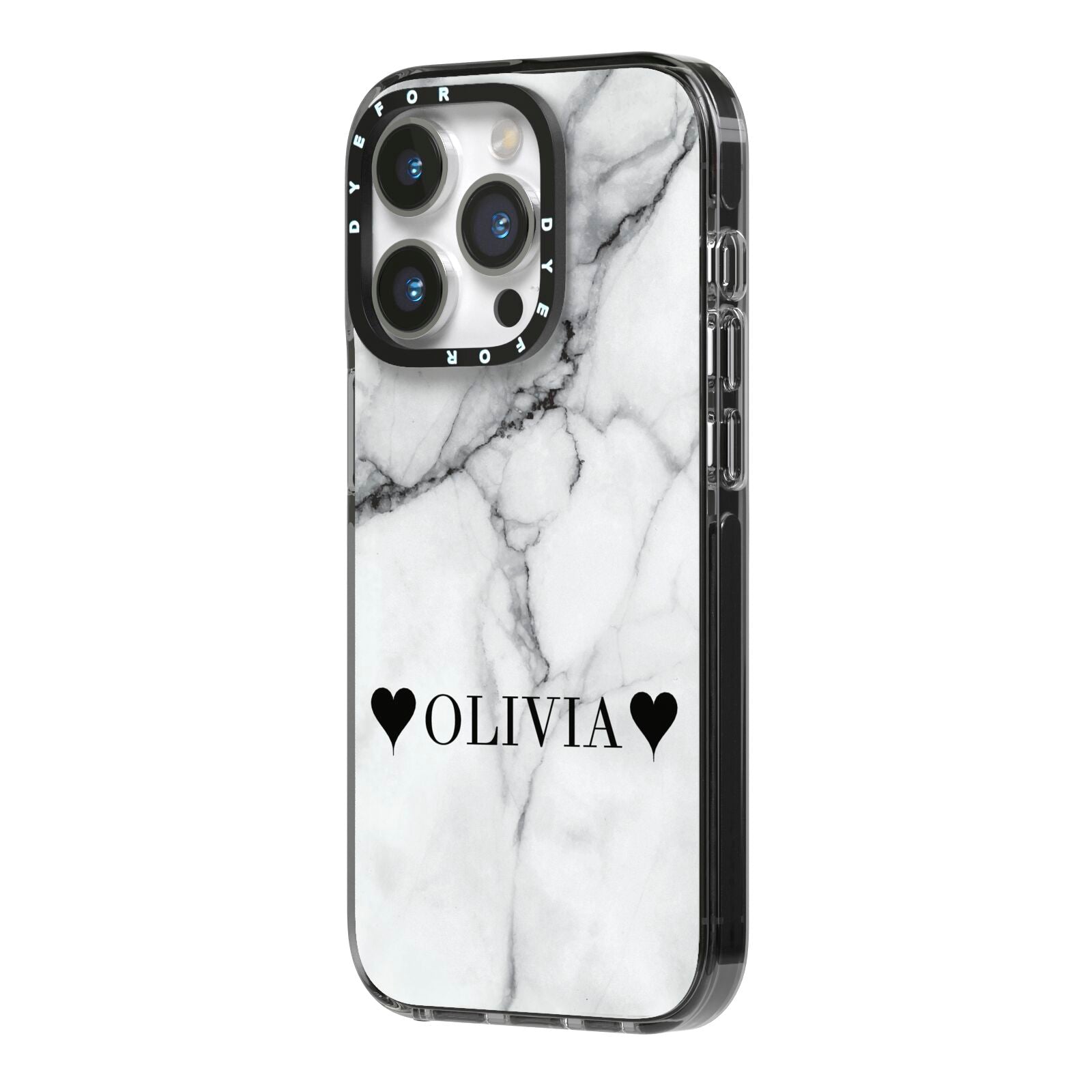 Personalised Love Hearts Marble Name iPhone 14 Pro Black Impact Case Side Angle on Silver phone