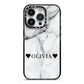Personalised Love Hearts Marble Name iPhone 14 Pro Black Impact Case on Silver phone
