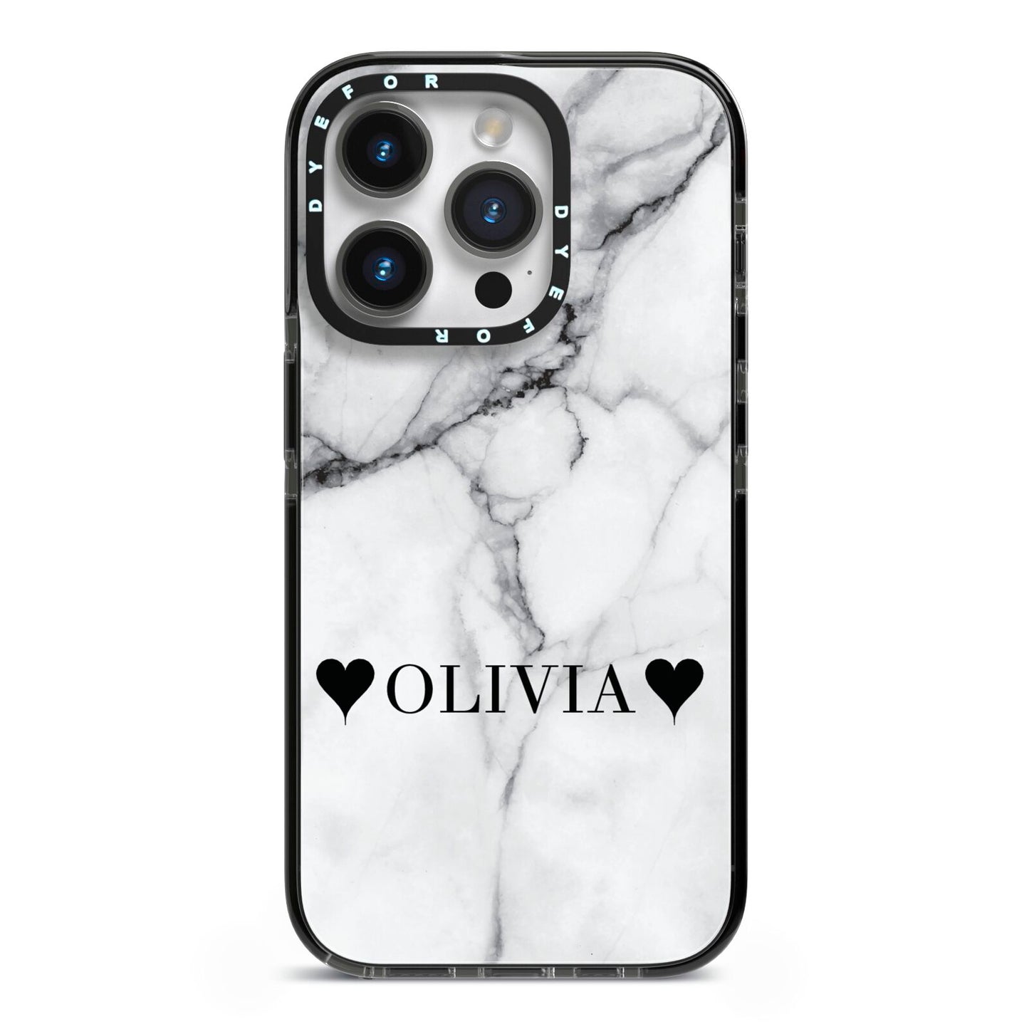 Personalised Love Hearts Marble Name iPhone 14 Pro Black Impact Case on Silver phone
