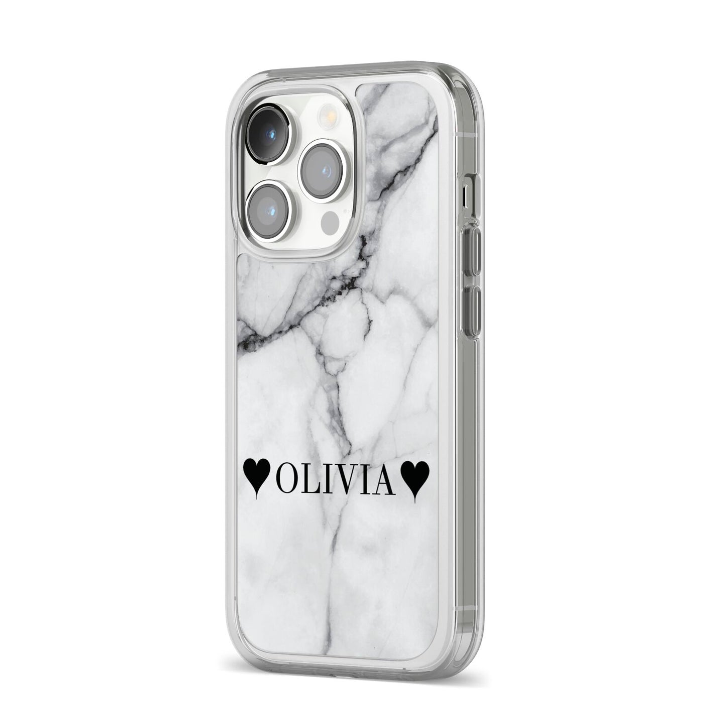 Personalised Love Hearts Marble Name iPhone 14 Pro Clear Tough Case Silver Angled Image