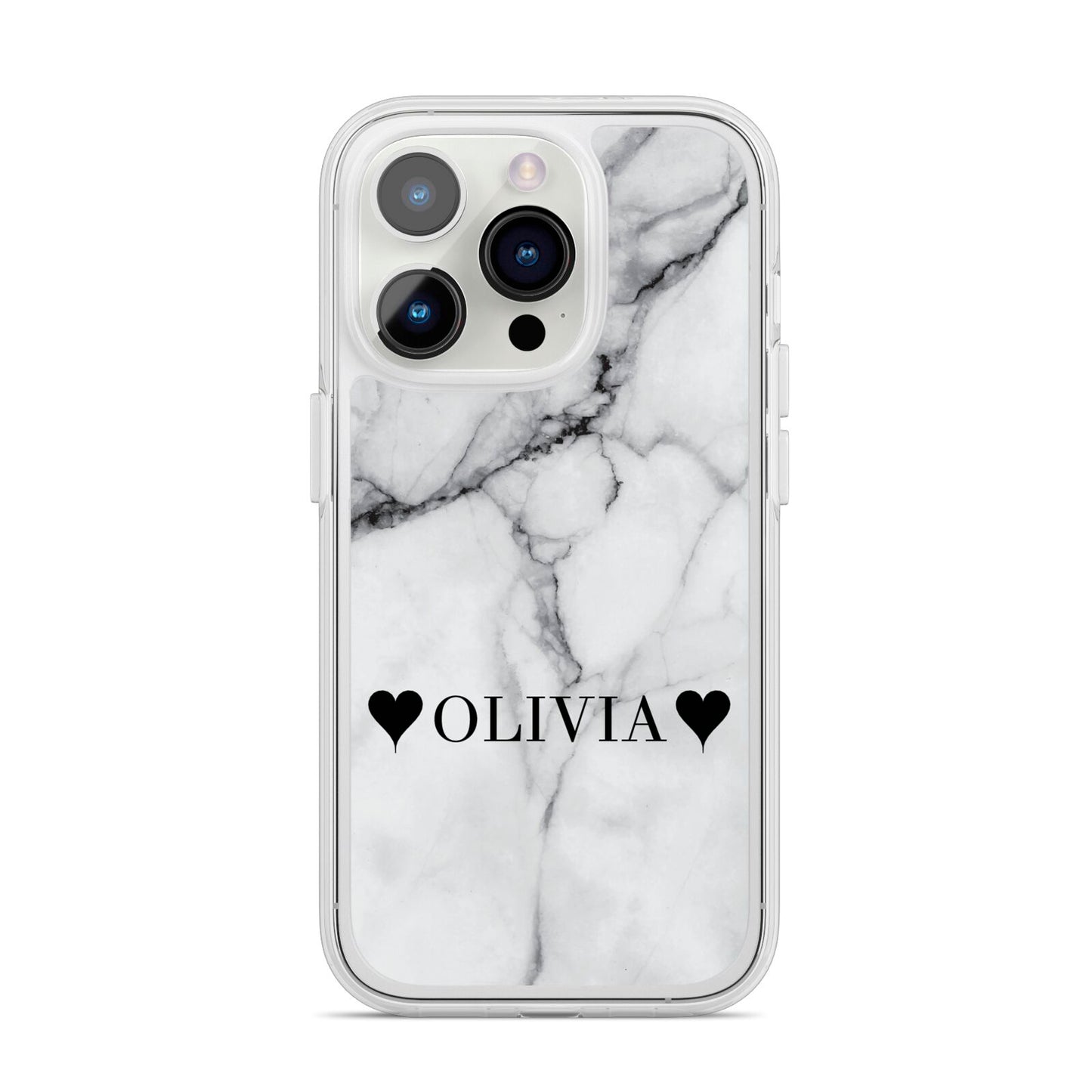 Personalised Love Hearts Marble Name iPhone 14 Pro Clear Tough Case Silver