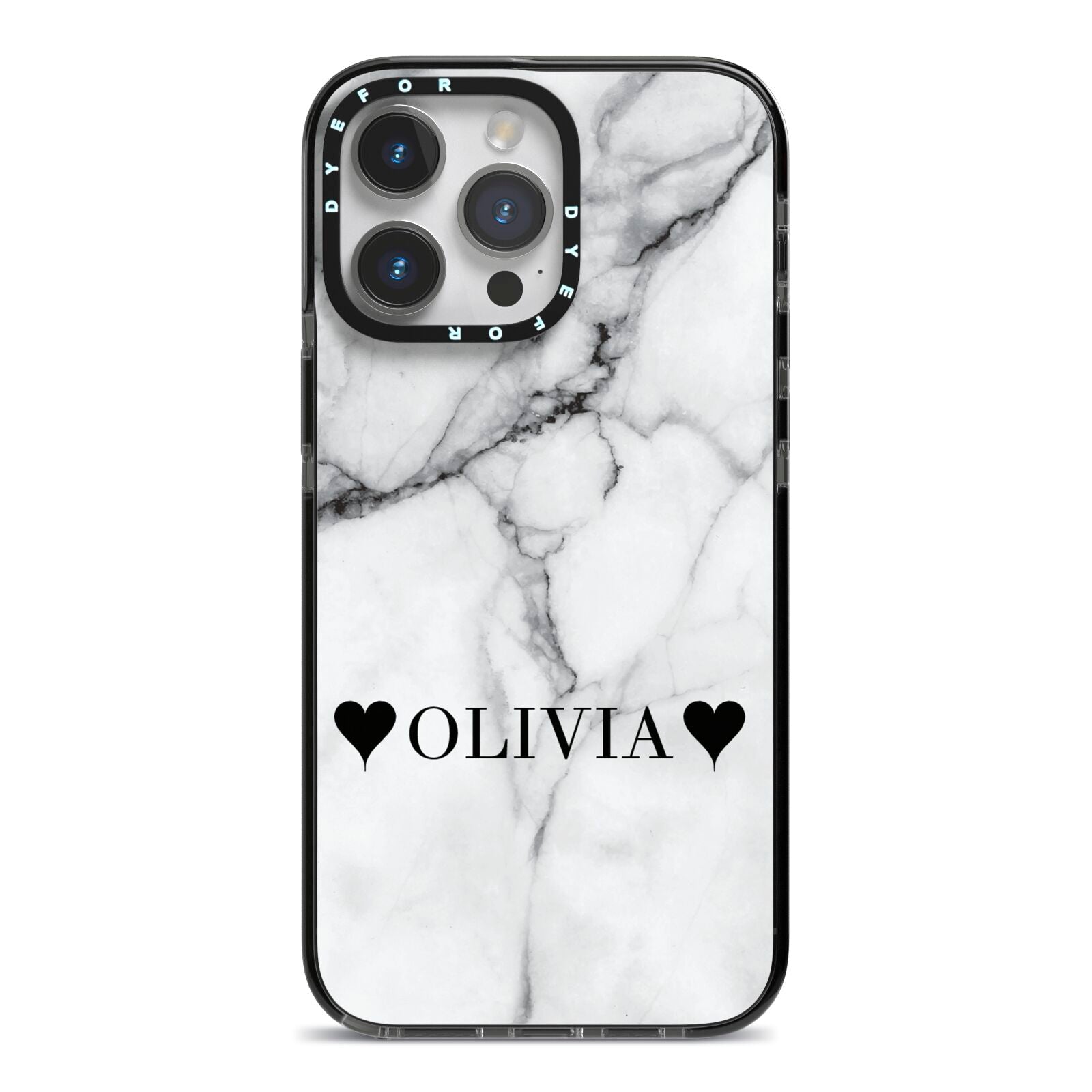 Personalised Love Hearts Marble Name iPhone 14 Pro Max Black Impact Case on Silver phone